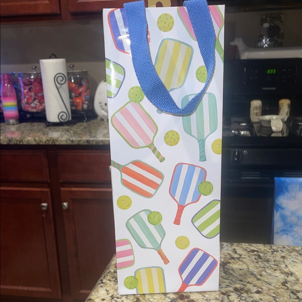 Striped pickle ball Pattern Wine Gift Bag with Blue Handles